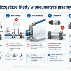 Ilustracja pokazuje 5 błędów w pneumatyce: za mały przewód, brak filtracji, nieszczelność, zły zawór i złe mocowanie siłownika. Próżnia co to? To nie jest pokazane, ale nieszczelność powoduje straty powietrza.