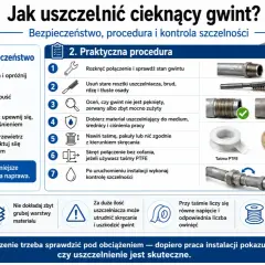 Jak uszczelnić cieknący gwint bez rozkręcania? Instrukcja krok po kroku: przygotowanie, dobór materiału (taśma PTFE, pakuły, nić) i montaż.