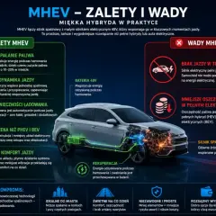 Miękka hybryda (MHEV) to kompromis: silnik spalinowy wspierany przez 48V. Niższe spalanie, lepsza dynamika, brak ładowania. Wady: brak jazdy na prądzie, mniejsze oszczędności niż w BEV.