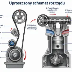Schemat rozrządu silnika. Kiedy wymienić rozrząd? Pasek napędza wałek rozrządu, który steruje zaworami.