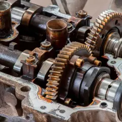 Widok mechanizmu rozrządu silnika z widocznymi wałkami, kołami zębatymi i śladami oleju. Możliwe objawy awarii elektrozaworu zmiennych faz rozrządu.