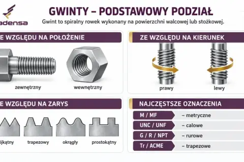 Rodzaje gwintów: zewnętrzny, wewnętrzny, prawy, lewy. Zarys gwintu trójkątny, trapezowy, okrągły, prostokątny. Oznaczenia: metryczne, calowe, rurowe, trapezowe.