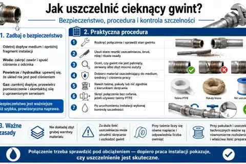 Jak uszczelnić cieknący gwint bez rozkręcania? Instrukcja krok po kroku: przygotowanie, dobór materiału (taśma PTFE, pakuły, nić) i montaż.