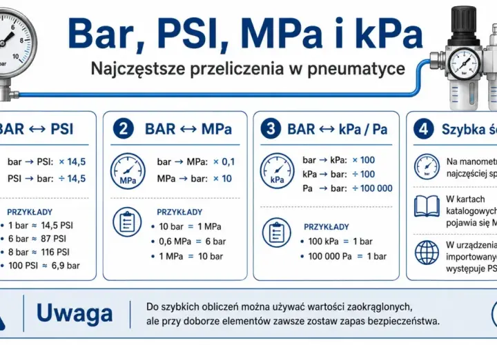 Grafika przedstawia przeliczenia jednostek ciśnienia: bar, PSI, MPa i kPa. Widać manometry i schematy konwersji.
