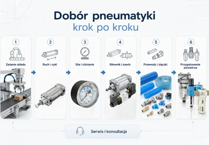 Schemat doboru pneumatyki: zadanie układu, ruch i cykl, siła i ciśnienie, siłownik i zawór, przewody i złączki, przygotowanie powietrza.