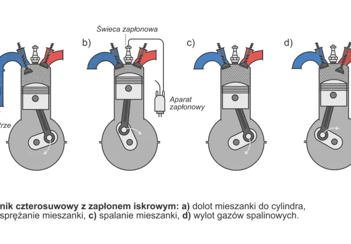 Schemat budowy silnika spalinowego: cztery suwy pracy: dolot, sprężanie, spalanie, wylot.