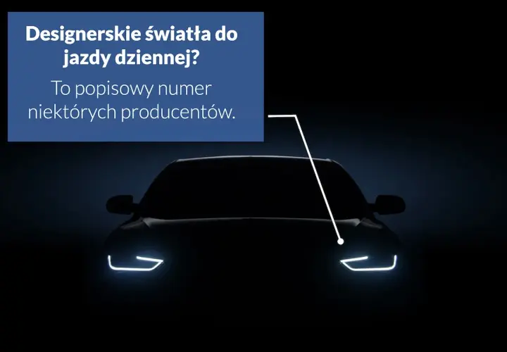 Ciemny samochód z włączonymi światłami do jazdy dziennej. Czy to designerskie światła do jazdy dziennej? To popisowy numer niektórych producentów.