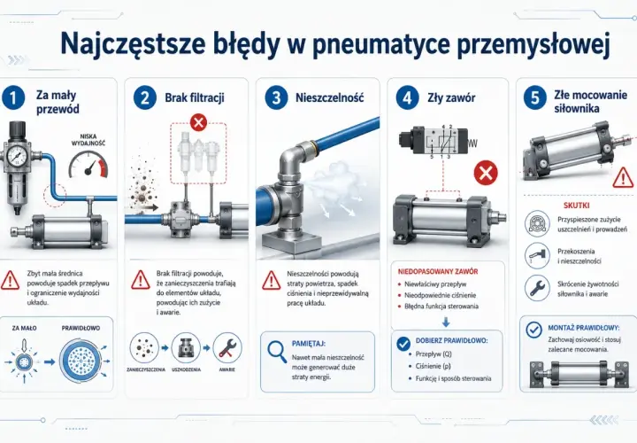 Ilustracja pokazuje 5 błędów w pneumatyce: za mały przewód, brak filtracji, nieszczelność, zły zawór i złe mocowanie siłownika. Próżnia co to? To nie jest pokazane, ale nieszczelność powoduje straty powietrza.