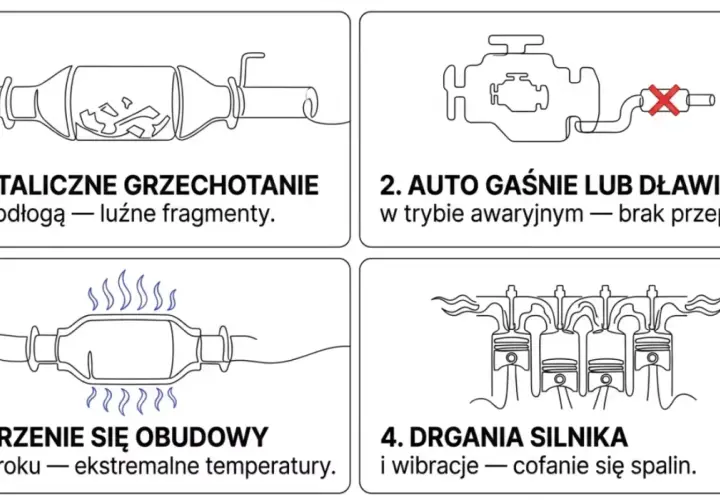 Jak sprawdzić czy katalizator jest zapchany: metaliczne grzechotanie, gaśnięcie silnika, żarzenie obudowy, drgania silnika.