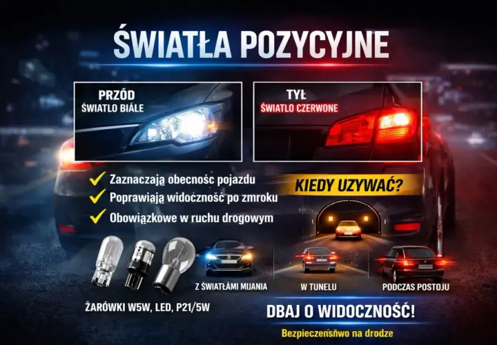 Światła pozycyjne i postojowe: białe z przodu, czerwone z tyłu. Używaj ich w tunelu i podczas postoju. Dbaj o widoczność!