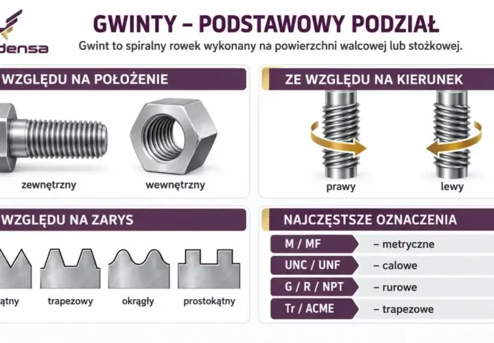 Rodzaje gwintów: zewnętrzny, wewnętrzny, prawy, lewy. Zarys gwintu trójkątny, trapezowy, okrągły, prostokątny. Oznaczenia: metryczne, calowe, rurowe, trapezowe.
