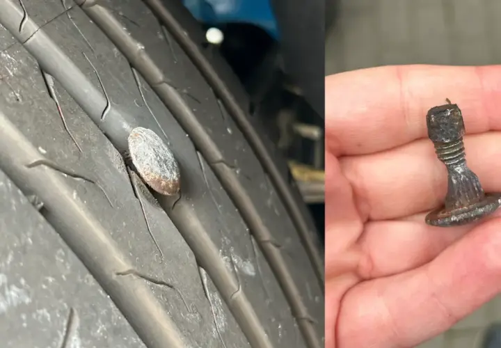 Gwoździu w oponie i wyjęty z niej. To pokazuje, co to jest wulkanizacja – naprawa uszkodzeń opon.
