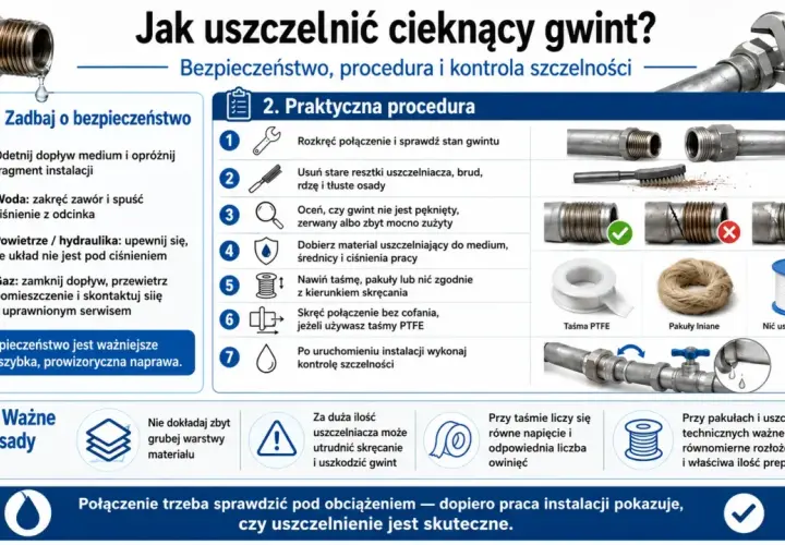 Jak uszczelnić cieknący gwint bez rozkręcania? Instrukcja krok po kroku: przygotowanie, dobór materiału (taśma PTFE, pakuły, nić) i montaż.