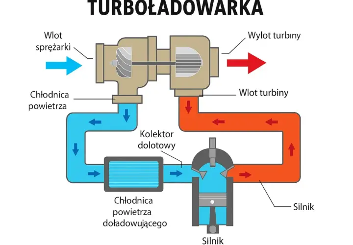 Schemat pokazuje, jak działa turbosprężarka: spaliny napędzają turbinę, która spręża powietrze do silnika.