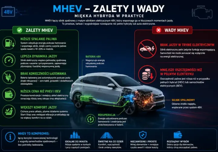 Miękka hybryda (MHEV) to kompromis: silnik spalinowy wspierany przez 48V. Niższe spalanie, lepsza dynamika, brak ładowania. Wady: brak jazdy na prądzie, mniejsze oszczędności niż w BEV.