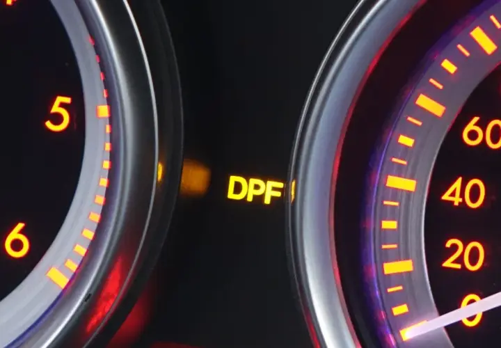 Komunikat DPF na desce rozdzielczej. Filtr cząstek stałych wymaga uwagi. Sprawdź instrukcję obsługi pojazdu.
