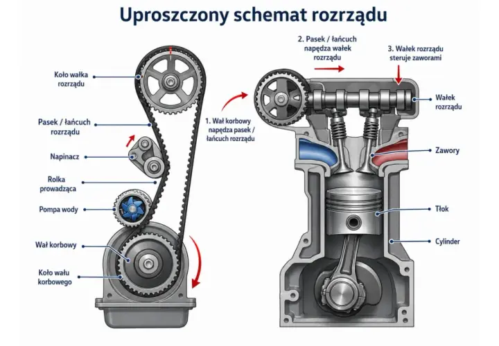 Schemat rozrządu silnika. Kiedy wymienić rozrząd? Pasek napędza wałek rozrządu, który steruje zaworami.