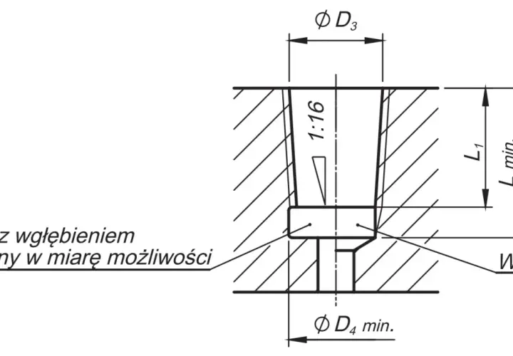 Schemat przedstawia gwint 1/8 NPT wymiary: D3, L1, D4 min. Otwór z wgłębieniem zalecany.