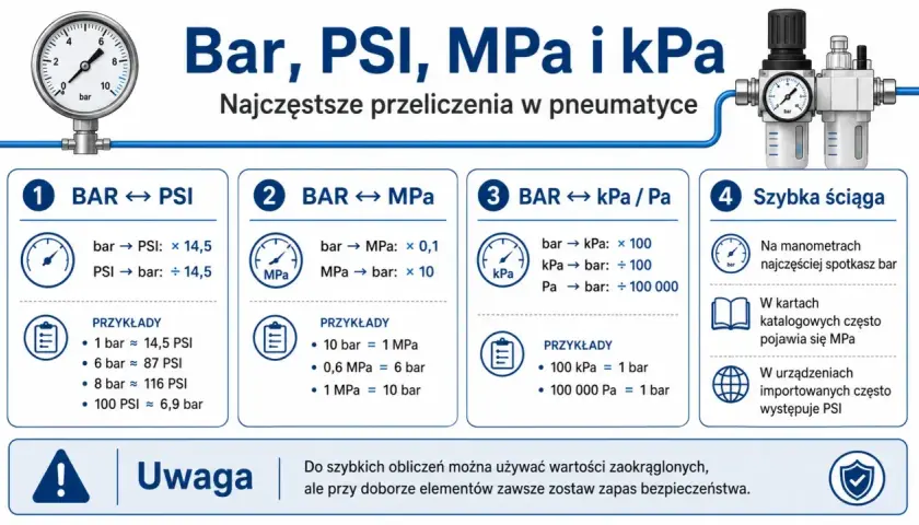 Grafika przedstawia przeliczenia jednostek ciśnienia: bar, PSI, MPa i kPa. Widać manometry i schematy konwersji.