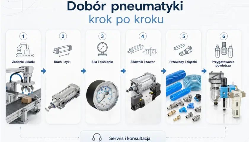 Schemat doboru pneumatyki: zadanie układu, ruch i cykl, siła i ciśnienie, siłownik i zawór, przewody i złączki, przygotowanie powietrza.