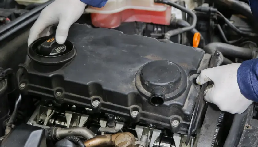 Mechanik w białych rękawiczkach sprawdza silnik. Czy to odma w samochodzie? To ważny element układu.