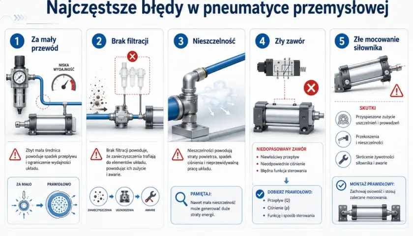Ilustracja pokazuje 5 błędów w pneumatyce: za mały przewód, brak filtracji, nieszczelność, zły zawór i złe mocowanie siłownika. Próżnia co to? To nie jest pokazane, ale nieszczelność powoduje straty powietrza.