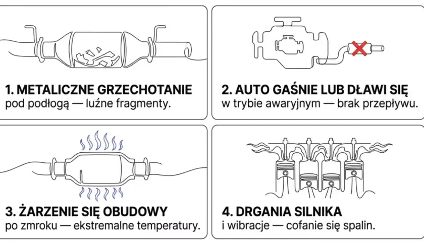Jak sprawdzić czy katalizator jest zapchany: metaliczne grzechotanie, gaśnięcie silnika, żarzenie obudowy, drgania silnika.