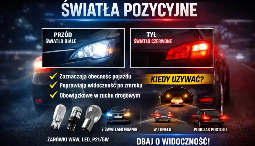 Światła pozycyjne i postojowe: białe z przodu, czerwone z tyłu. Używaj ich w tunelu i podczas postoju. Dbaj o widoczność!