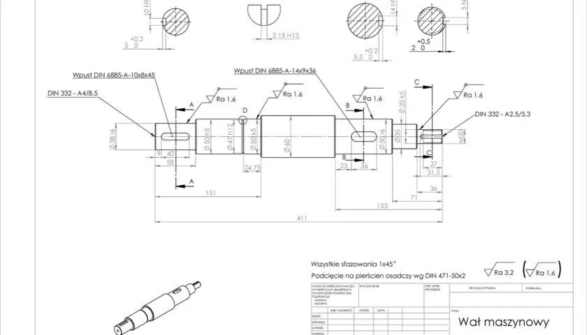 Rysunek techniczny wału maszynowego z wymiarami, tolerancjami i detalami, w tym wpustami wg DIN 6885. Tabela z danymi technicznymi.