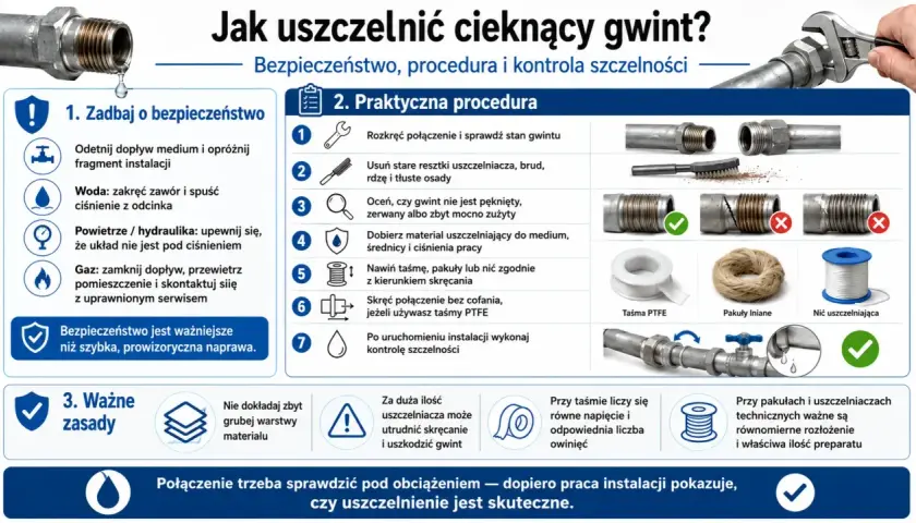 Jak uszczelnić cieknący gwint bez rozkręcania? Instrukcja krok po kroku: przygotowanie, dobór materiału (taśma PTFE, pakuły, nić) i montaż.