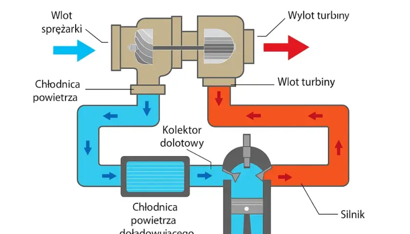 Schemat pokazuje, jak działa turbosprężarka: spaliny napędzają turbinę, która spręża powietrze do silnika.