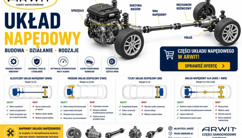 Schemat układu napędowego z elementami: silnik, skrzynia biegów, wał napędowy. Przedstawia różne rodzaje napędu: RWD, FWD, RR, 4x4.
