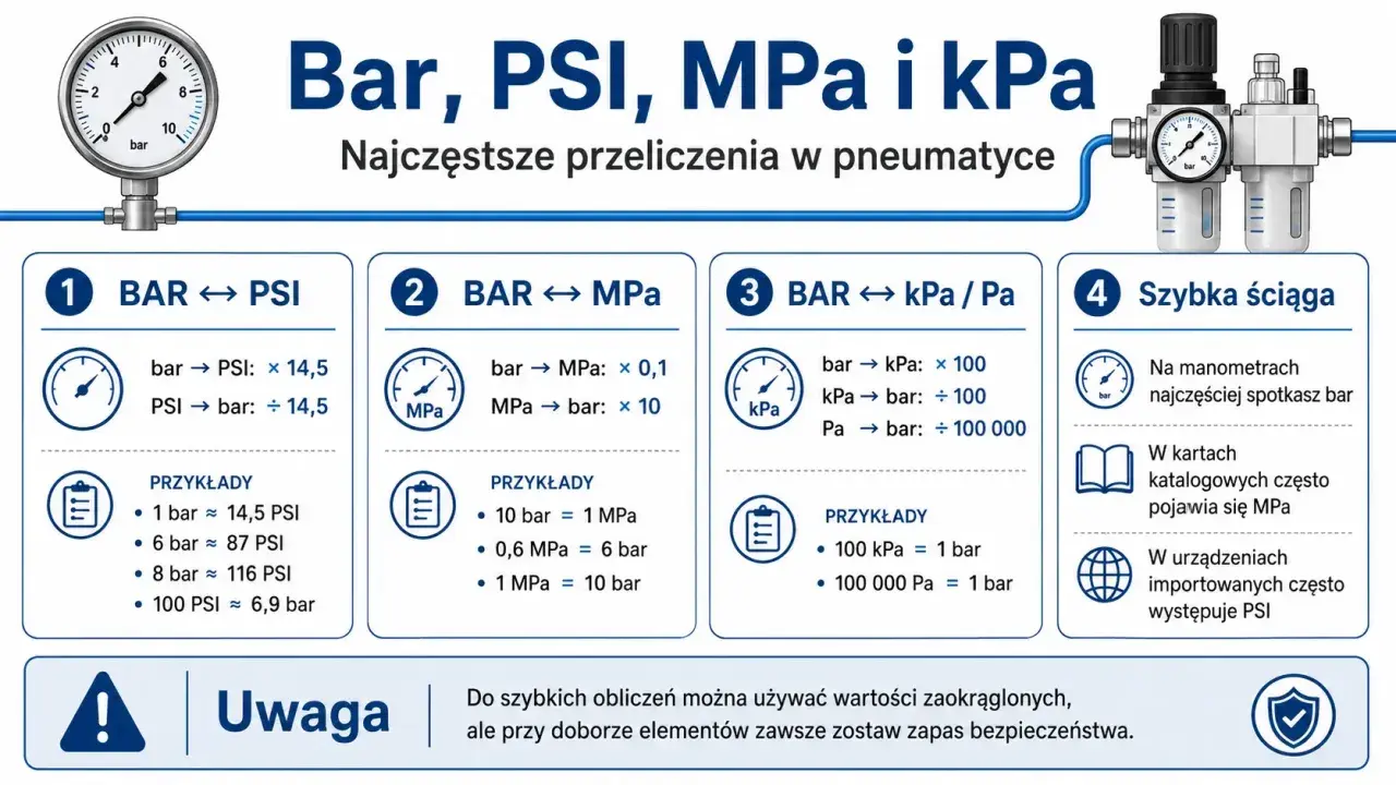 Grafika przedstawia przeliczenia jednostek ciśnienia: bar, PSI, MPa i kPa. Widać manometry i schematy konwersji.