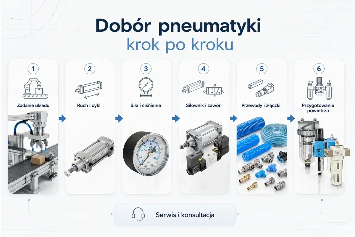 Schemat doboru pneumatyki: zadanie układu, ruch i cykl, siła i ciśnienie, siłownik i zawór, przewody i złączki, przygotowanie powietrza.