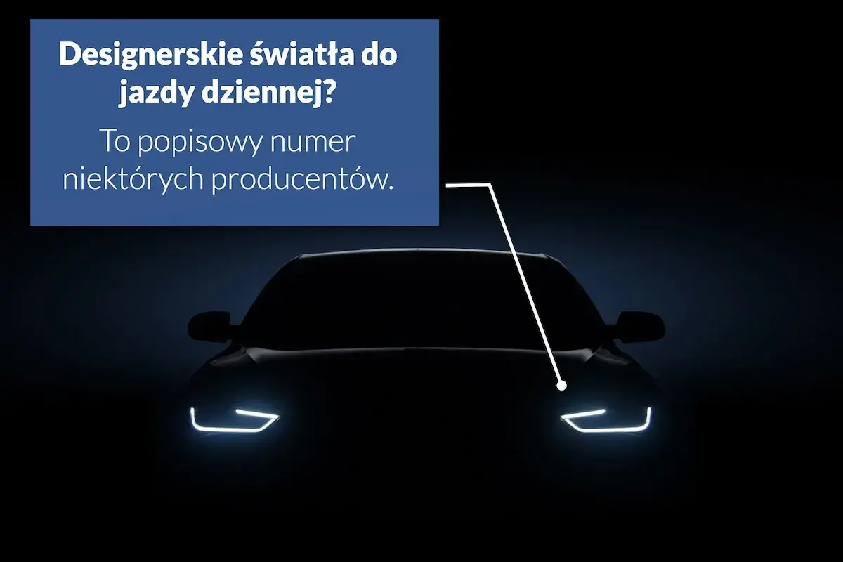 Ciemny samochód z włączonymi światłami do jazdy dziennej. Czy to designerskie światła do jazdy dziennej? To popisowy numer niektórych producentów.