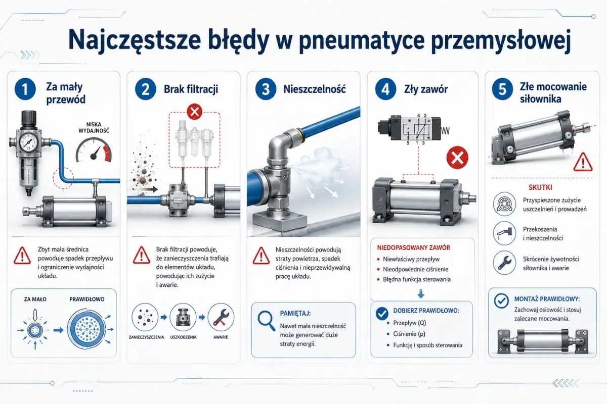 Ilustracja pokazuje 5 błędów w pneumatyce: za mały przewód, brak filtracji, nieszczelność, zły zawór i złe mocowanie siłownika. Próżnia co to? To nie jest pokazane, ale nieszczelność powoduje straty powietrza.