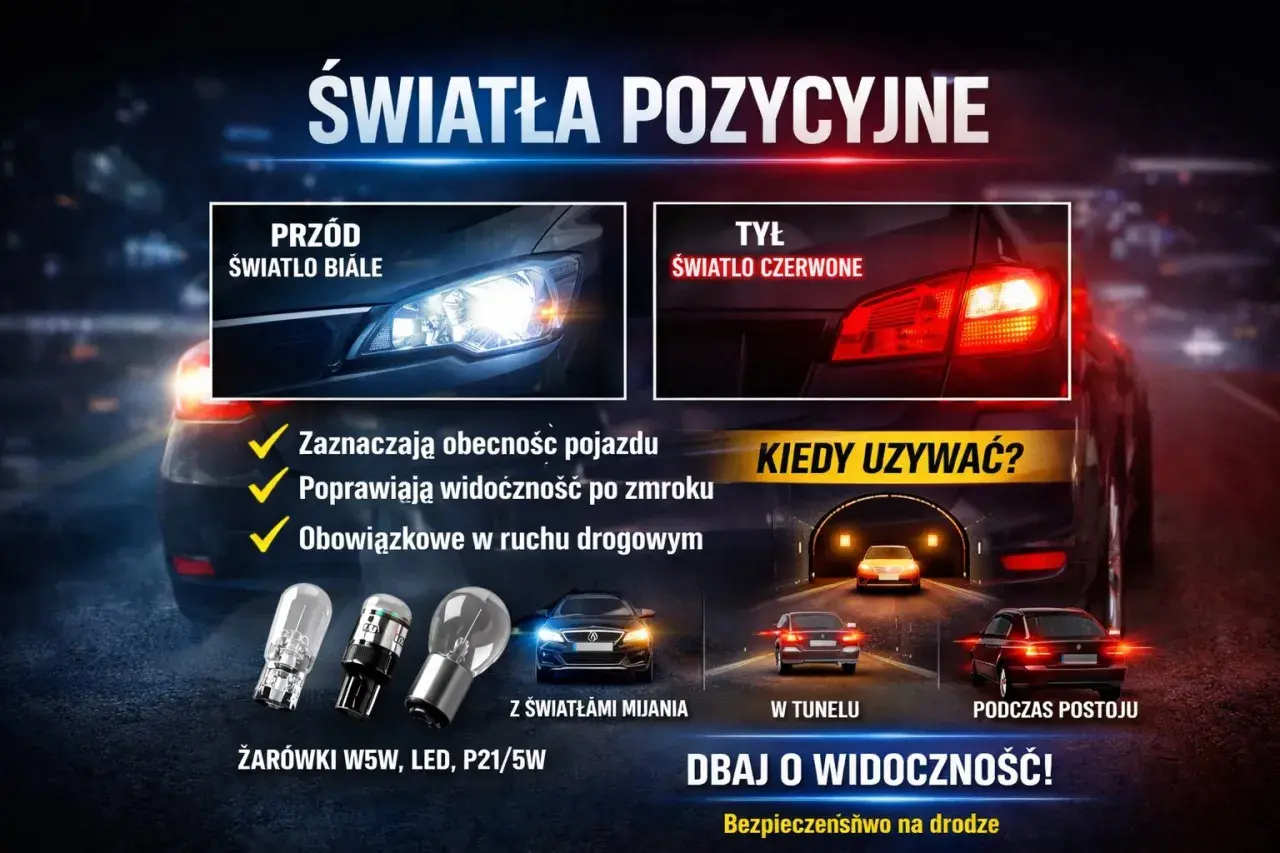 Światła pozycyjne i postojowe: białe z przodu, czerwone z tyłu. Używaj ich w tunelu i podczas postoju. Dbaj o widoczność!