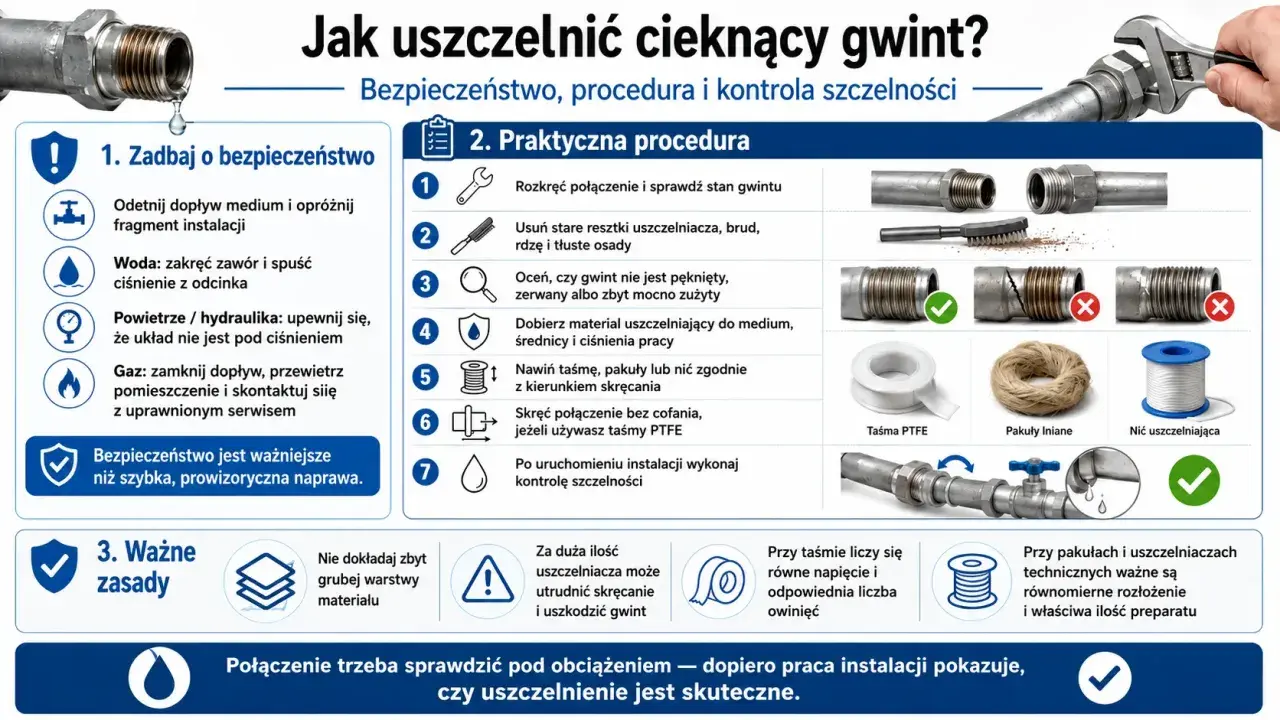 Jak uszczelnić cieknący gwint bez rozkręcania? Instrukcja krok po kroku: przygotowanie, dobór materiału (taśma PTFE, pakuły, nić) i montaż.