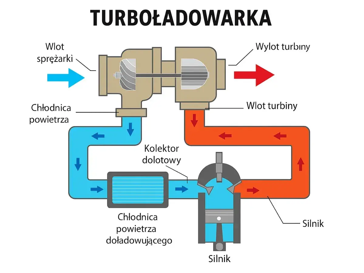 Schemat pokazuje, jak działa turbosprężarka: spaliny napędzają turbinę, która spręża powietrze do silnika.