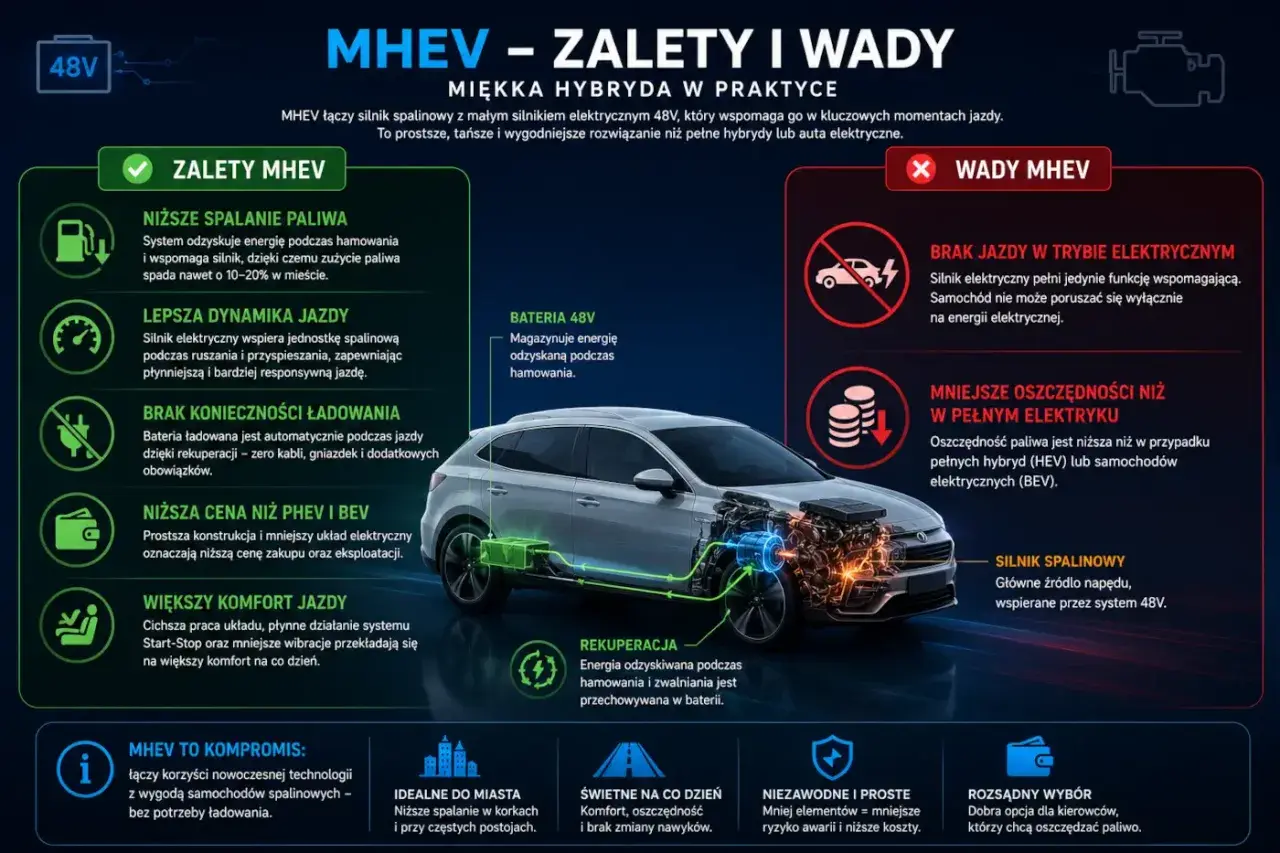Miękka hybryda (MHEV) to kompromis: silnik spalinowy wspierany przez 48V. Niższe spalanie, lepsza dynamika, brak ładowania. Wady: brak jazdy na prądzie, mniejsze oszczędności niż w BEV.