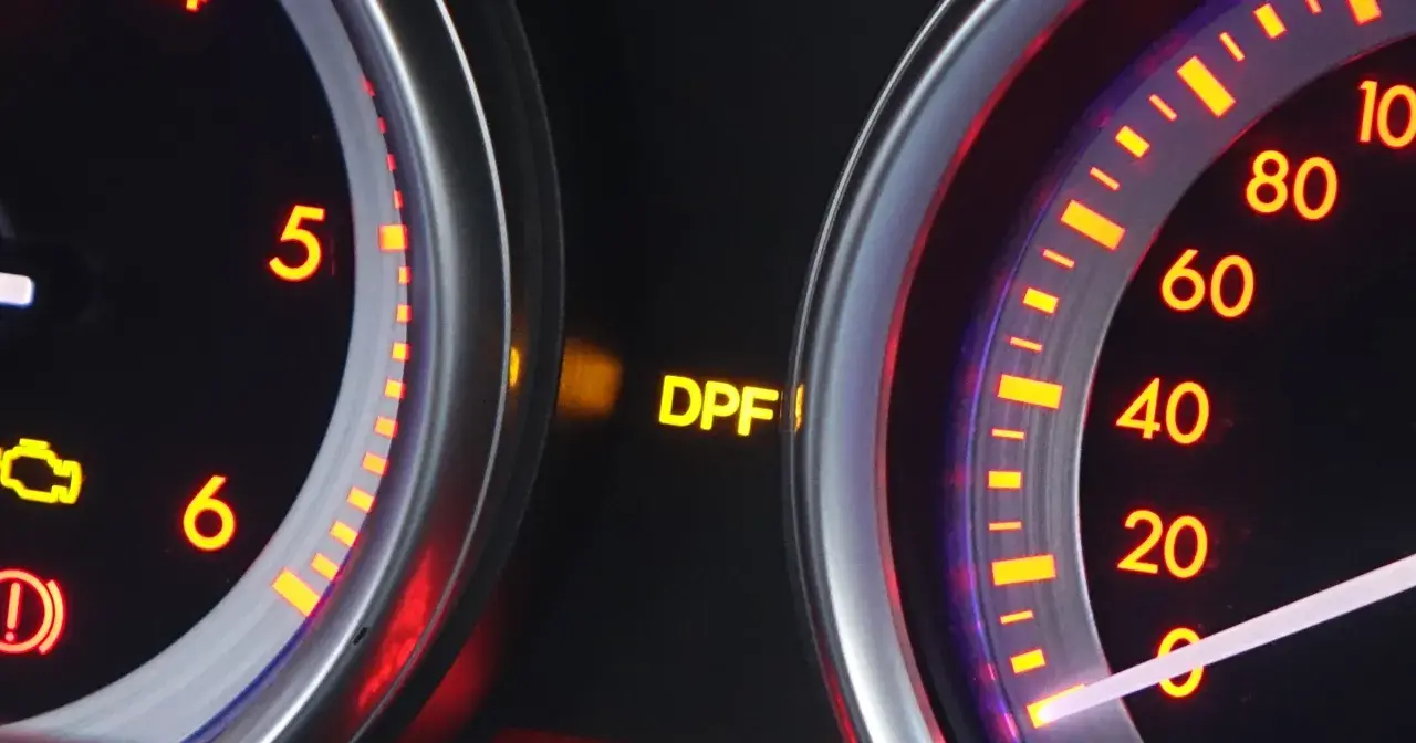 Komunikat DPF na desce rozdzielczej. Filtr cząstek stałych wymaga uwagi. Sprawdź instrukcję obsługi pojazdu.