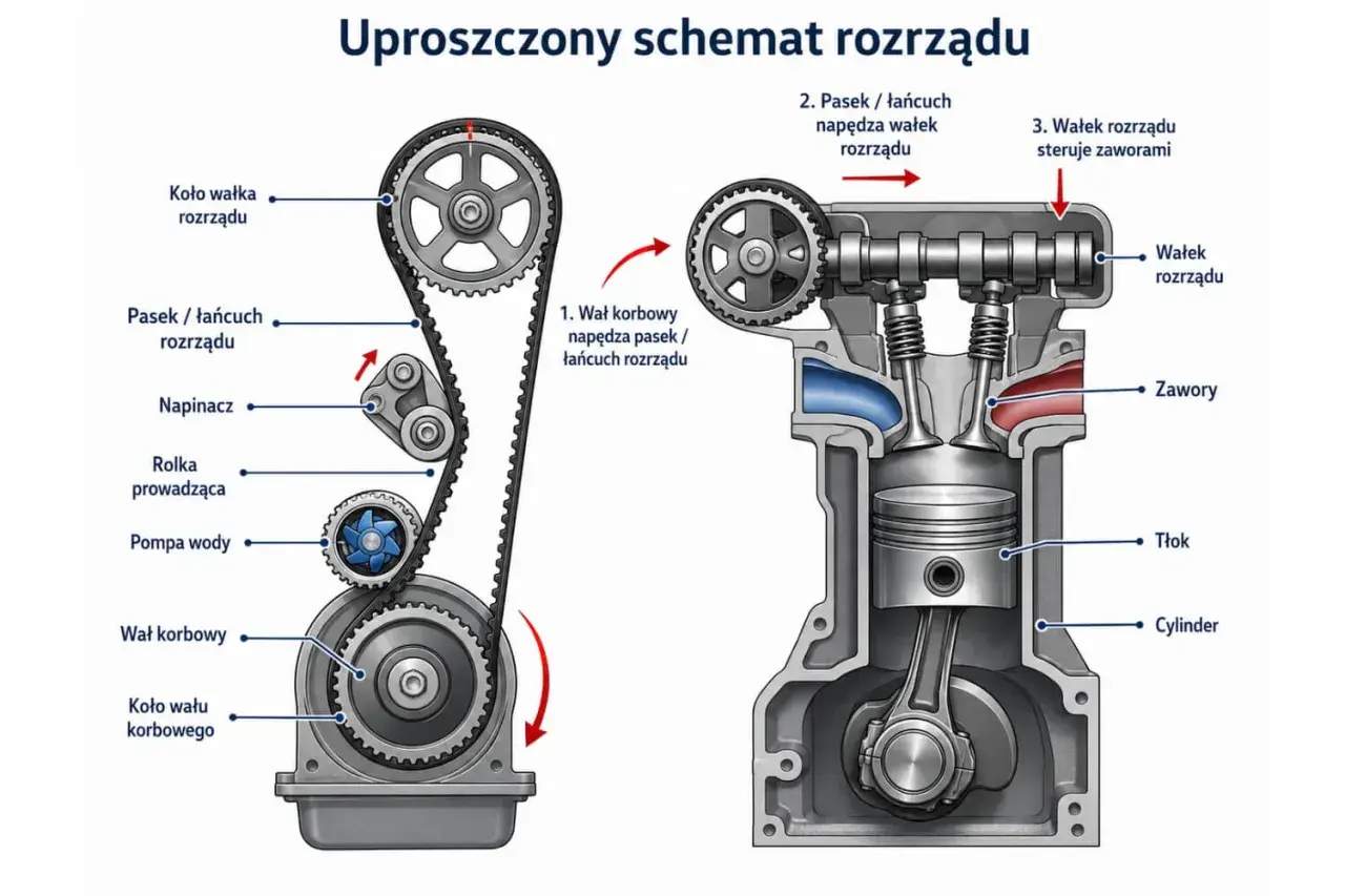 Schemat rozrządu silnika. Kiedy wymienić rozrząd? Pasek napędza wałek rozrządu, który steruje zaworami.