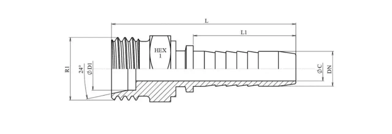 Rysunek techniczny śruby holenderskiej z wymiarami: L, L1, R1, D1, DN, C, HEX 1.