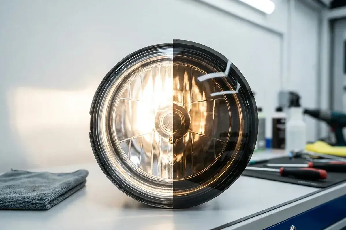 Reflektor motocyklowy z połową przyciemnianą, pokazujący efekt przyciemnianych lamp.