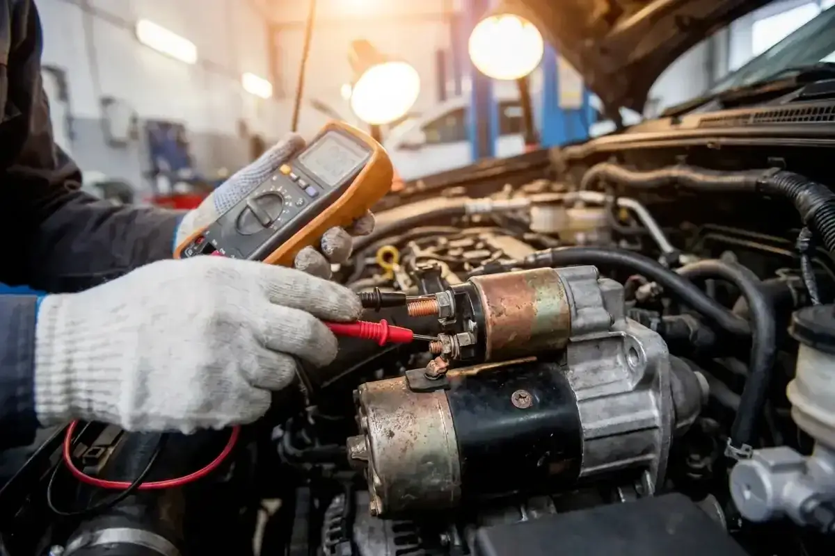 Mechanik sprawdza multimetrem rozrusznik, szukając objawów zatartego silnika.