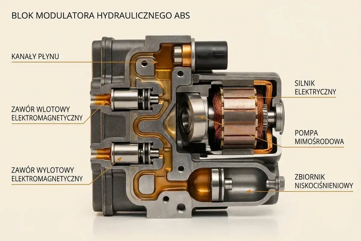 Przekrój bloku hydraulicznego ABS: widoczne kanały płynu, zawory elektromagnetyczne, silnik elektryczny i pompa mimośrodowa. Poznaj budowę pompy ABS.