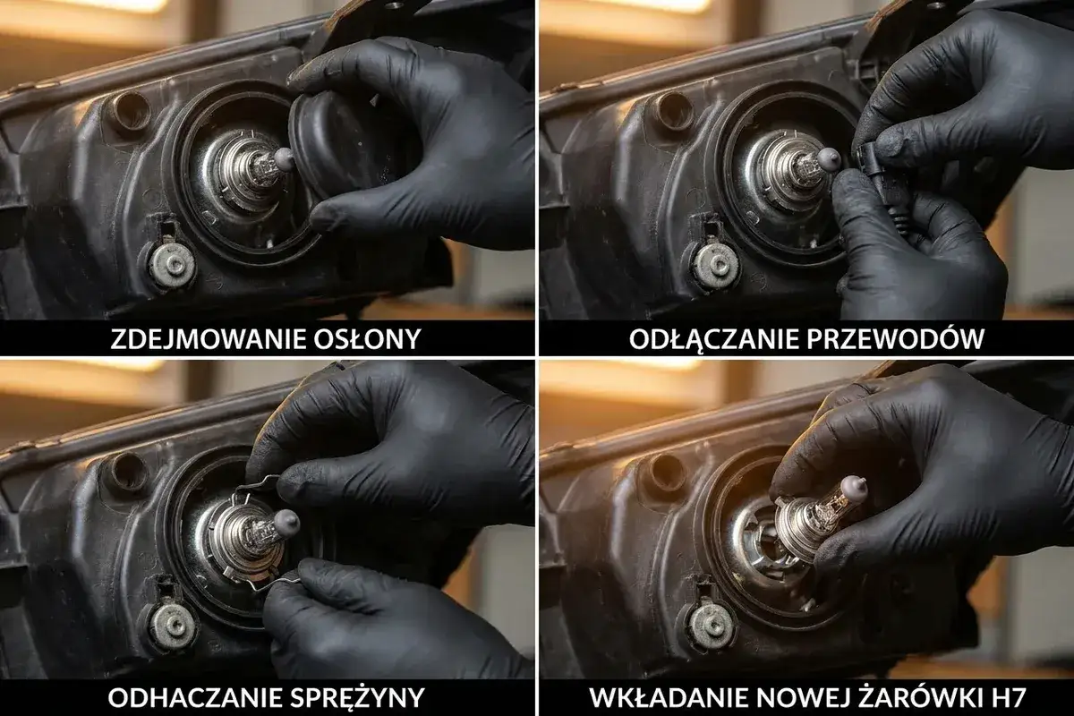 Instrukcja: jak zamontować żar&oacute;wkę H7. Zdejmij osłonę, odłącz przewody, odhacz sprężynę i wł&oacute;ż nową żar&oacute;wkę.
