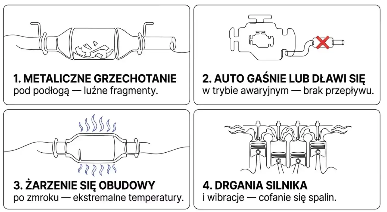 Jak sprawdzić czy katalizator jest zapchany: metaliczne grzechotanie, gaśnięcie auta, żarzenie obudowy, drgania silnika.