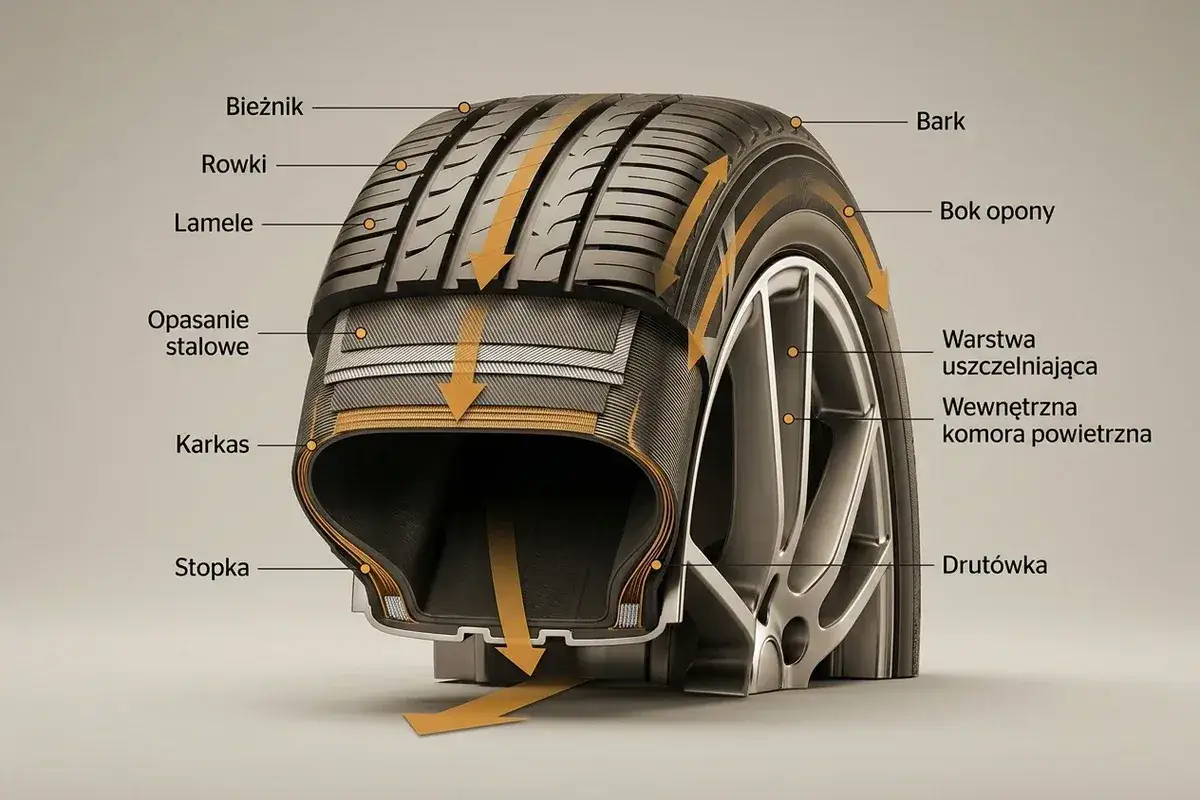 Przekrój opony radial tubeless, pokazujący bieżnik, opasanie stalowe i karkas. Strzałki wskazują przepływ powietrza.