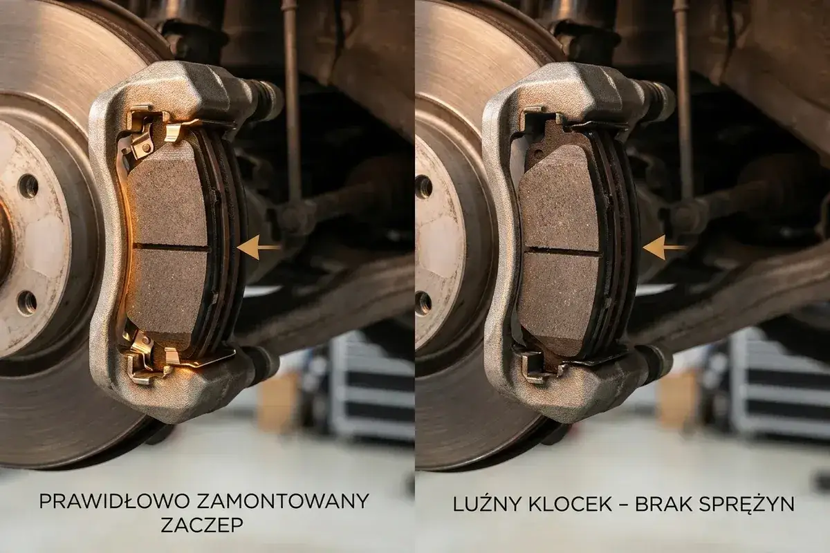 Por&oacute;wnanie zacisk&oacute;w hamulcowych: prawidłowo zamontowany vs. luźne klocki hamulcowe objawy braku sprężyn.